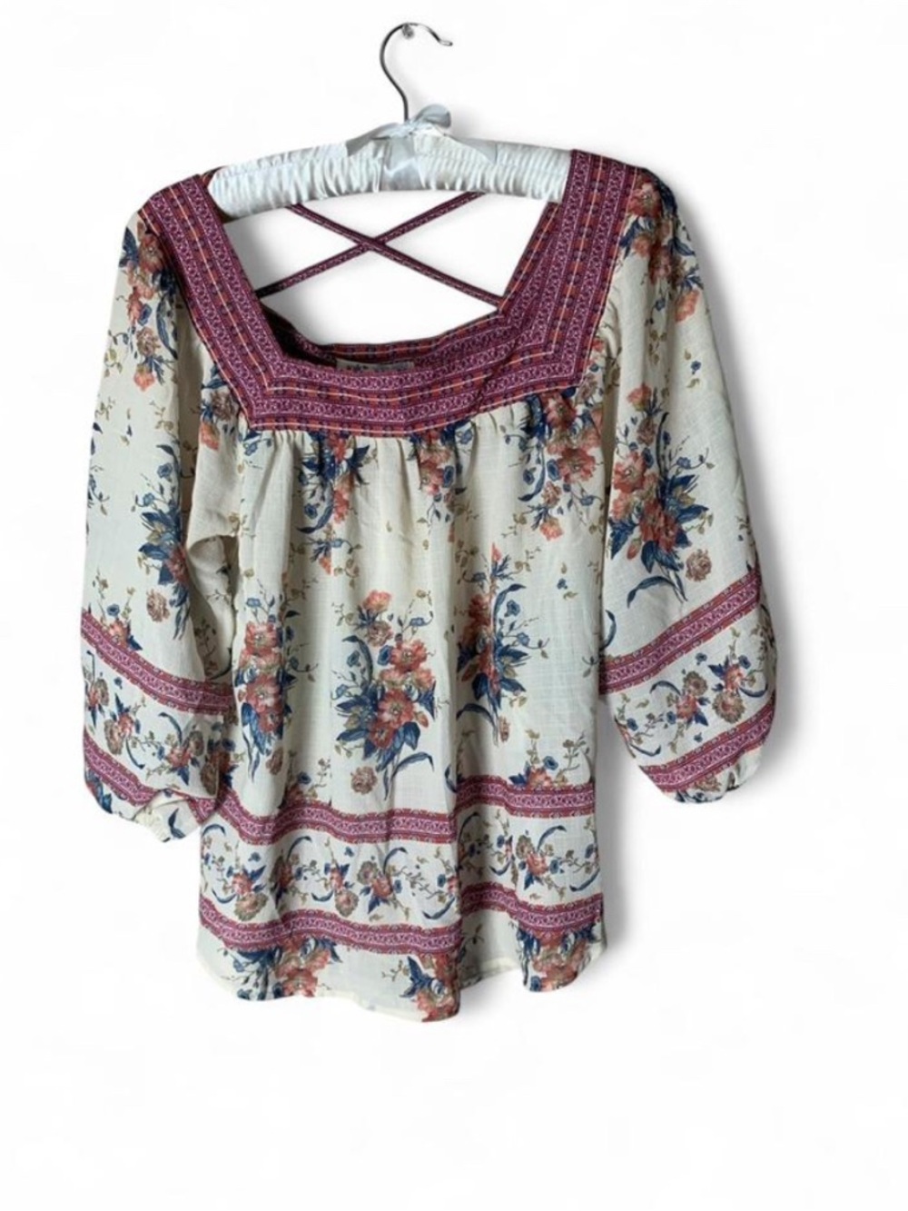 Jolt Boho Floral Square Neck Blouse - Criss Cross Back - EUC - Medium